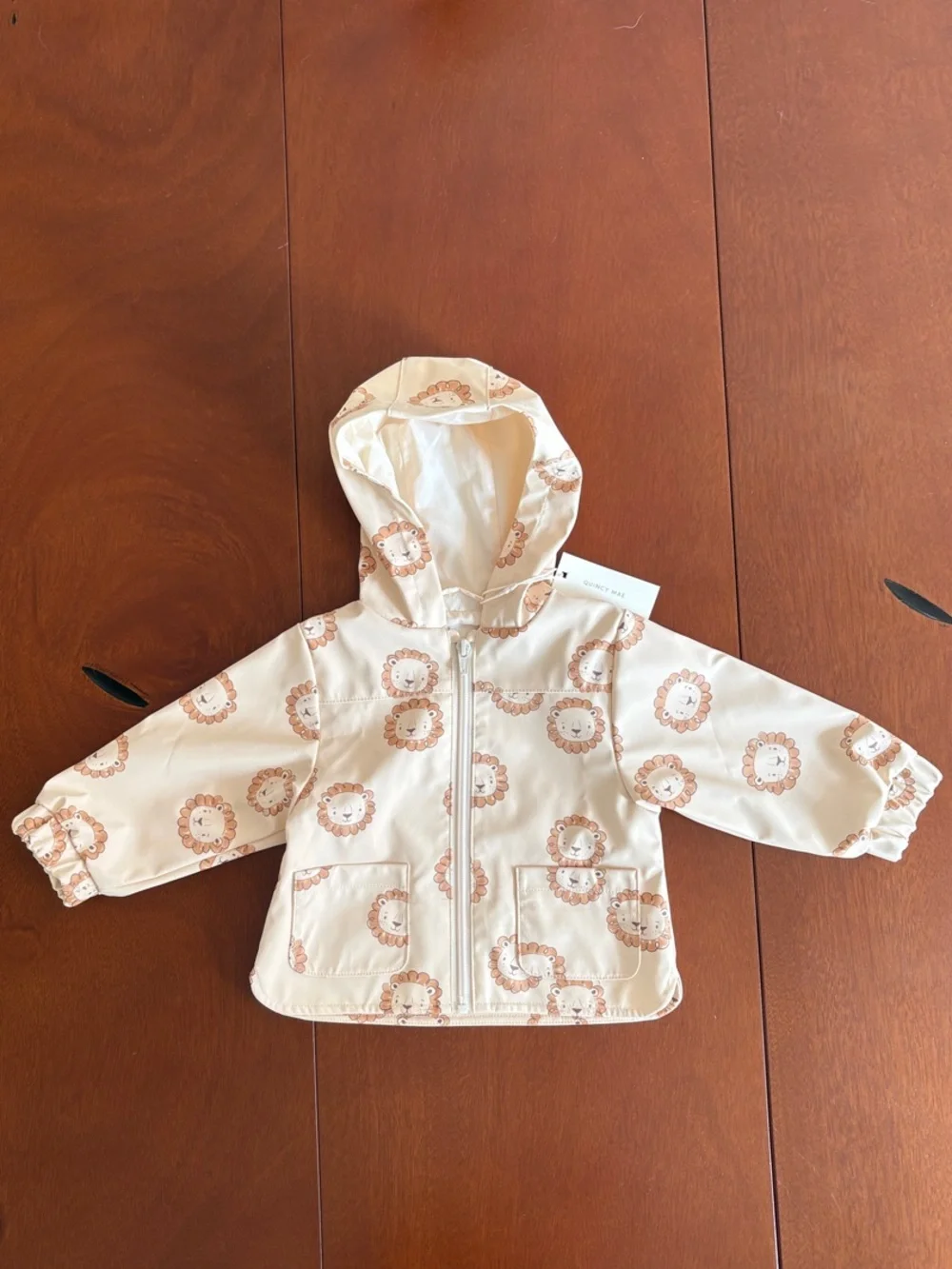 Quincy Mae Cream Hooded Lion-Print Rain Jacket 6-12m